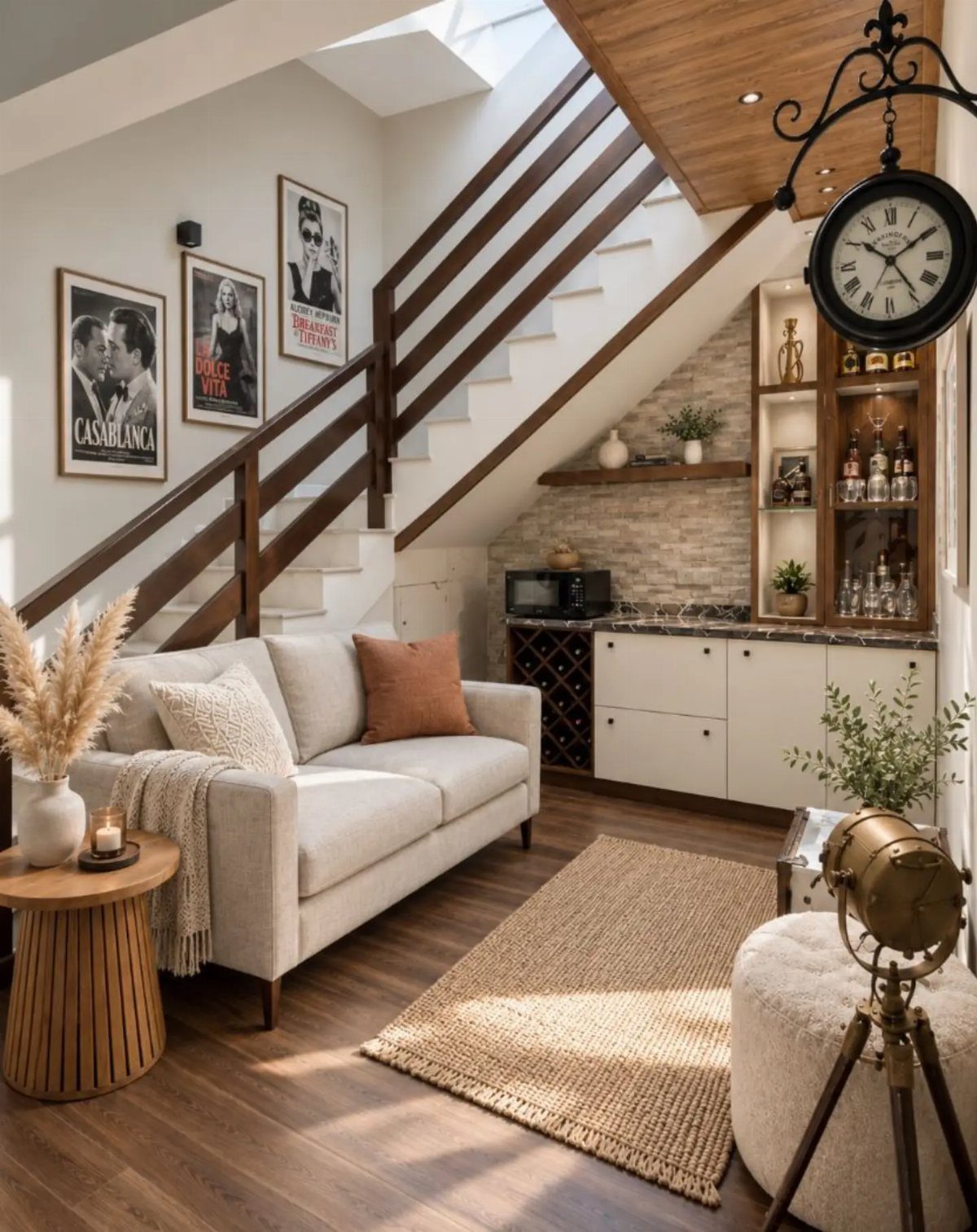 A cozy living room with a white sofa and a built-in bar under a staircase.