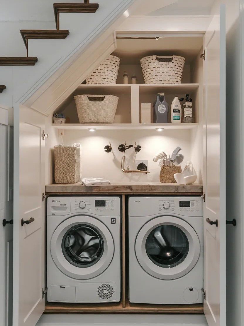 White washer and dryer installed inside a built-in laundry closet under a staircase.