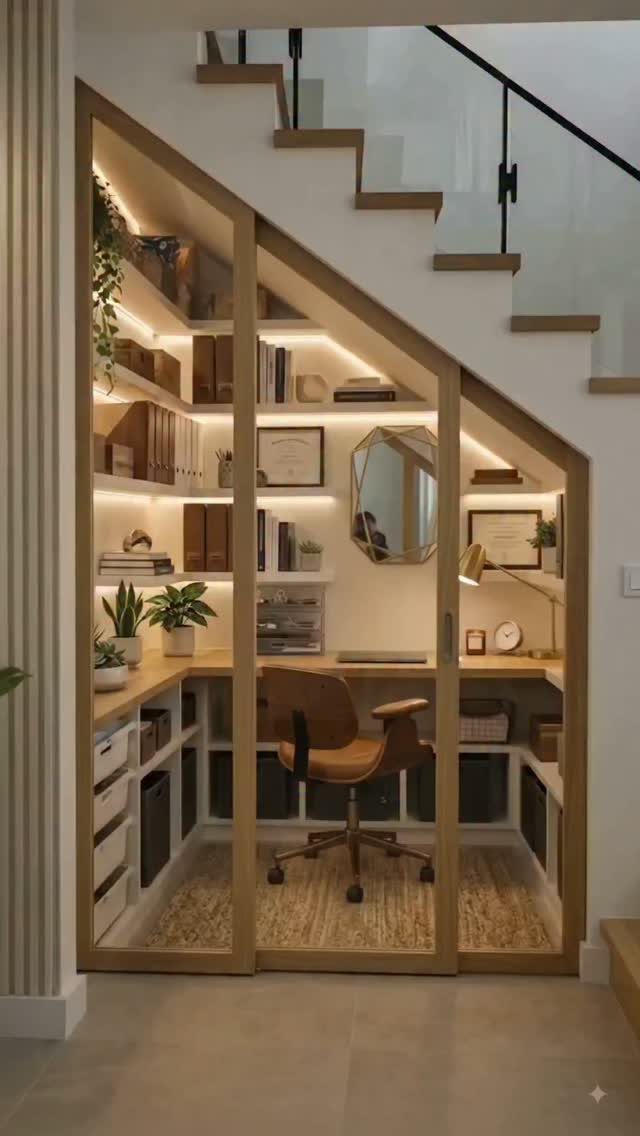 A built-in wooden office nook with shelves and a desk located under a staircase.