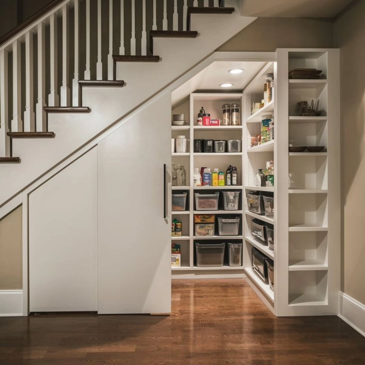 A white built-in pantry with organized shelves located underneath a wooden staircase.