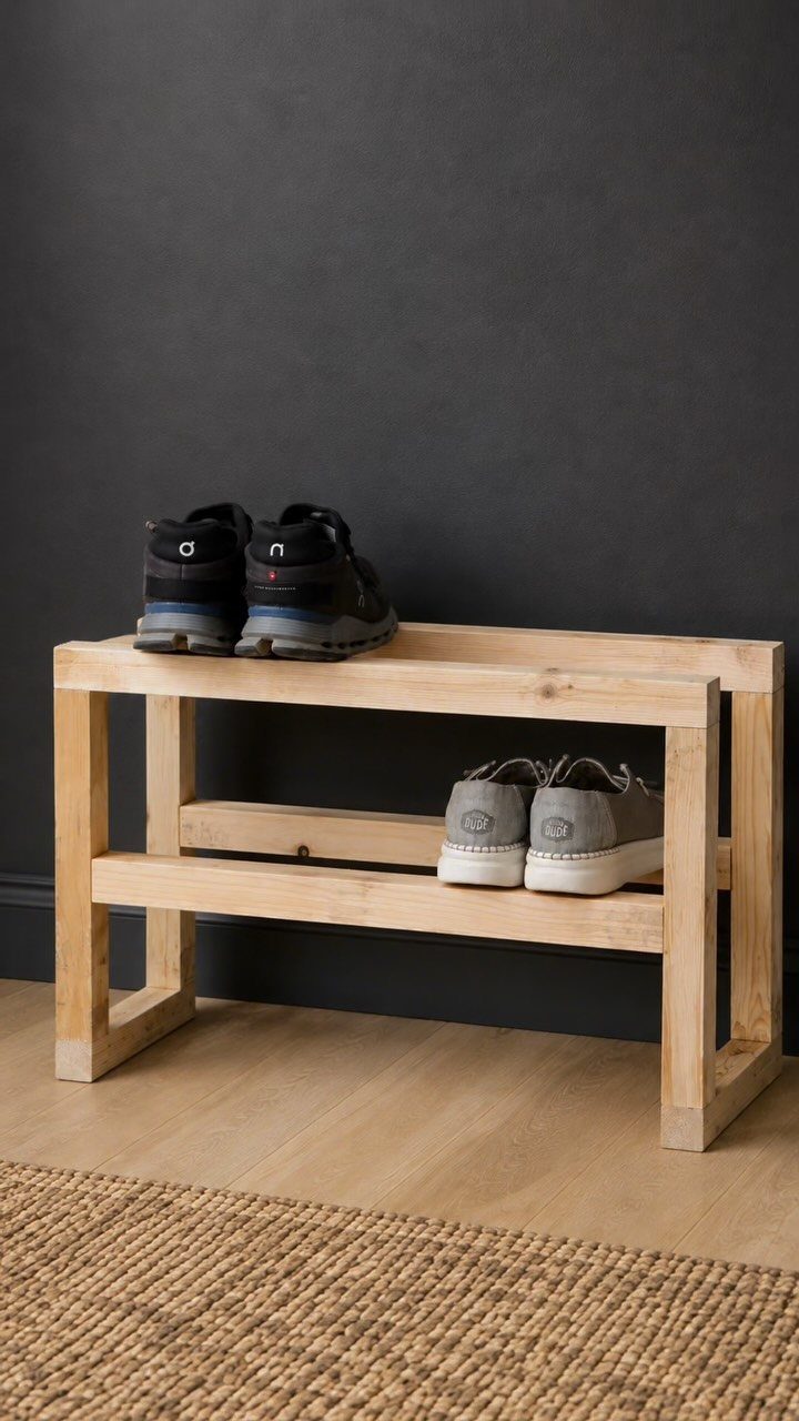 A wooden two-tier shoe rack holding hiking boots and sneakers against a dark wall.