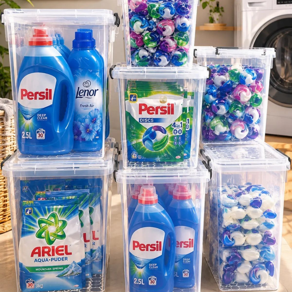 Clear plastic bins filled with laundry detergent, scent beads, and cleaning supplies organized on a table.