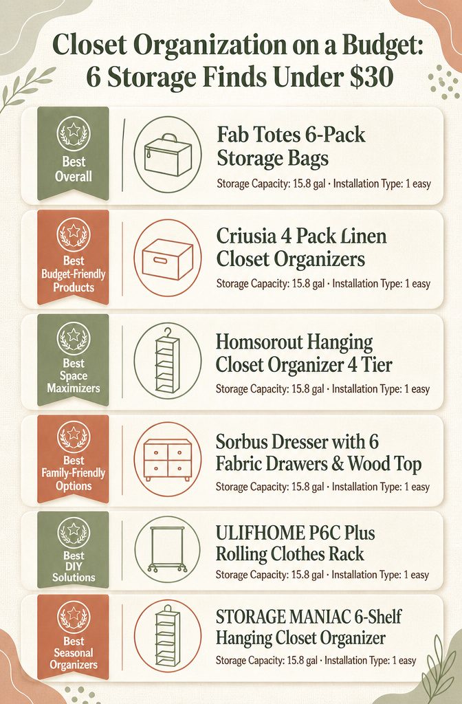 An infographic comparing different closet organization products with storage capacities.