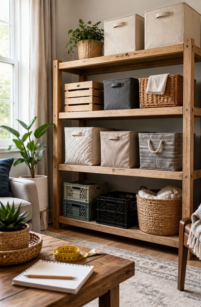 An organized closet with various storage solutions displayed on shelves.