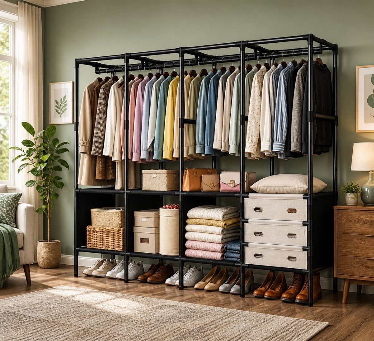 A large black metal freestanding clothing rack filled with hanging garments and various storage containers.