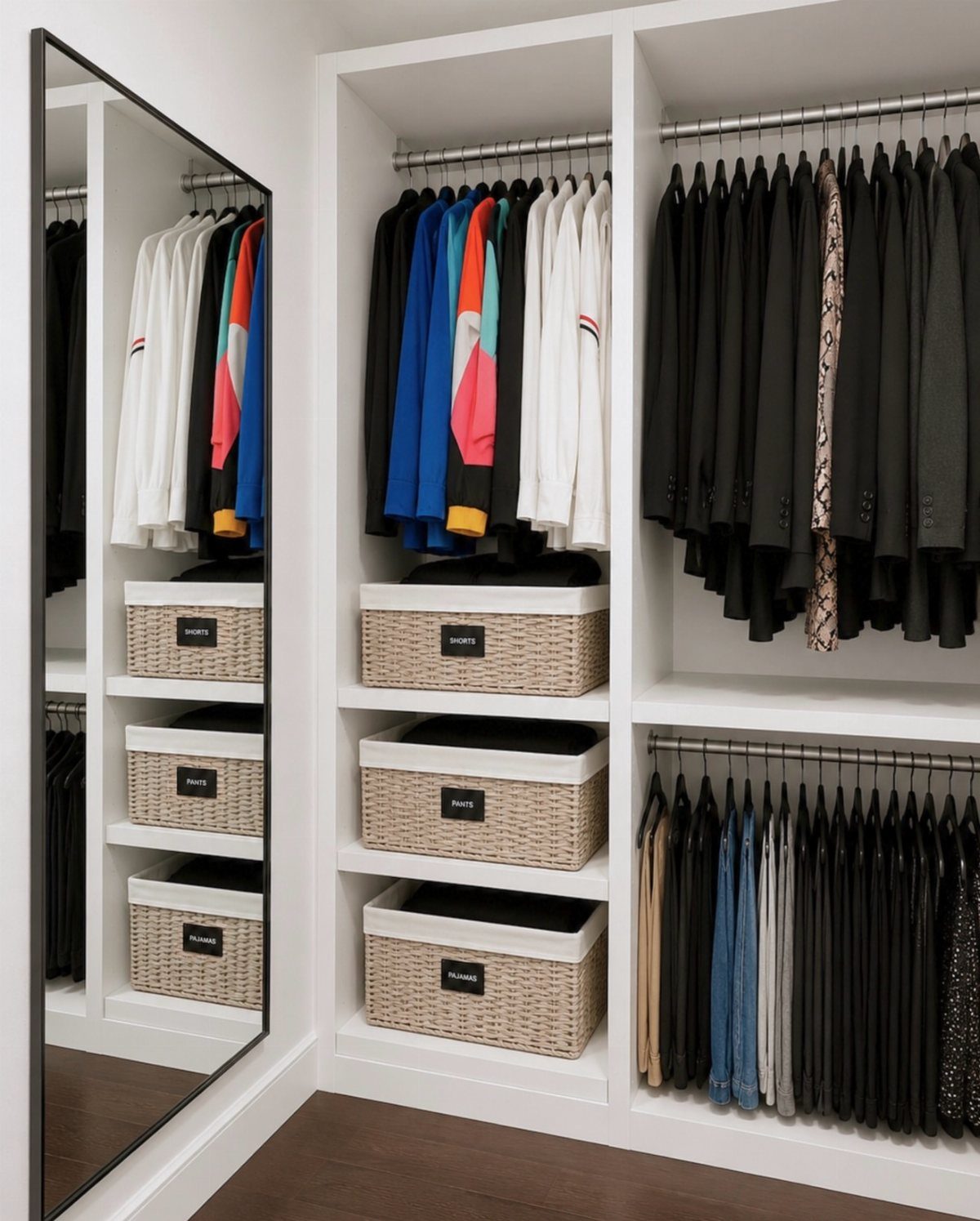 Woven storage bins with labels sit on white closet shelves beneath hanging clothes.