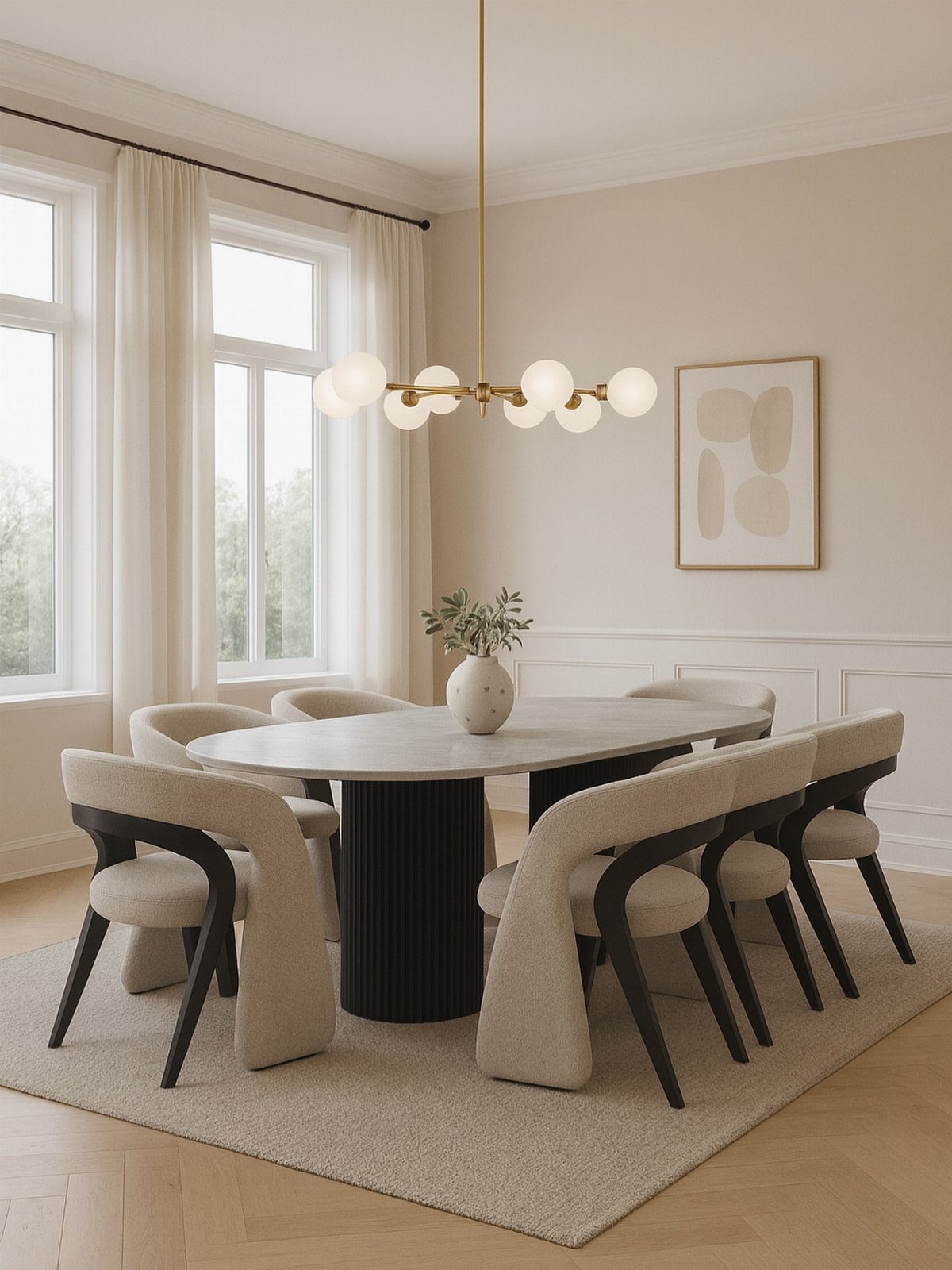 A modern dining set with a marble table and cream upholstered chairs in a bright room.