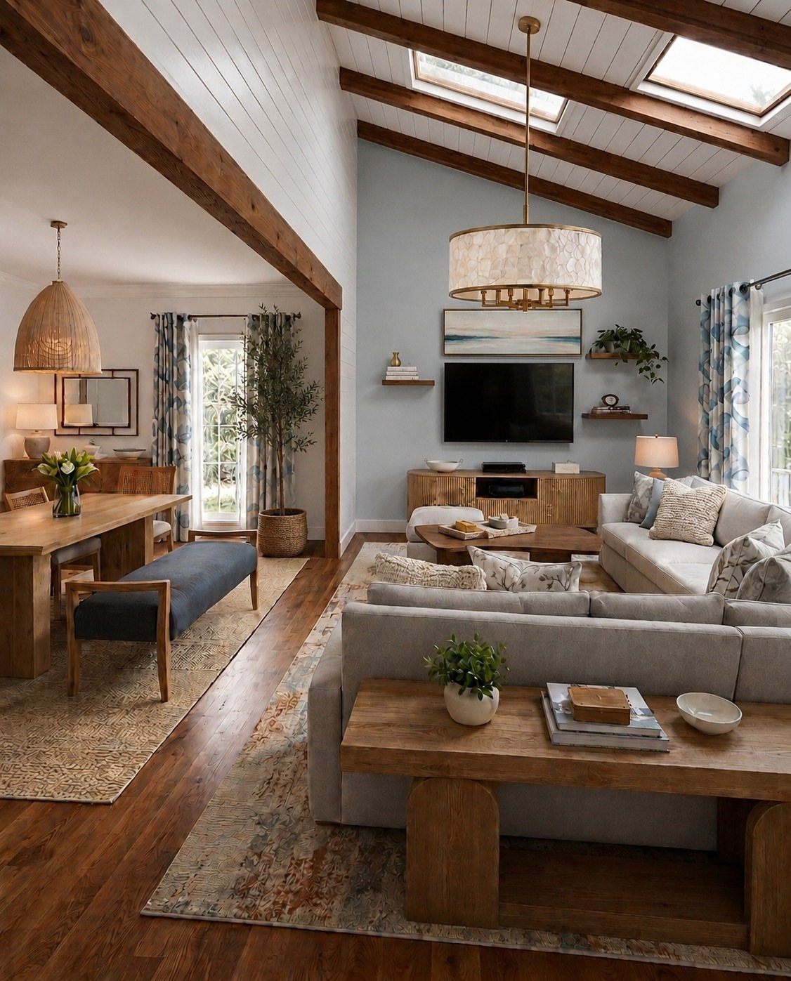 Open concept living and dining room with wooden beams, large windows, and neutral furniture.