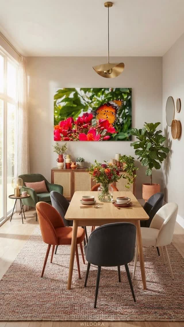 A dining room with a large colorful floral painting hanging above a wooden sideboard.
