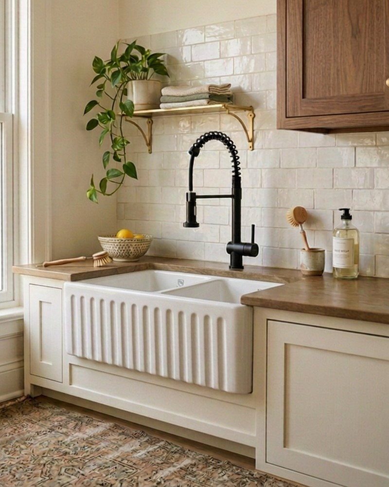 A white fluted apron-front sink sits under a black industrial faucet in a kitchen.