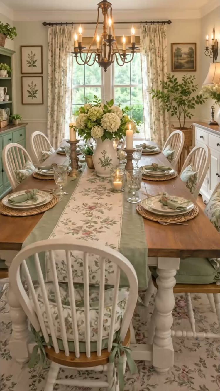 A long wooden farmhouse table set with floral runners and white hydrangeas in a bright dining room.