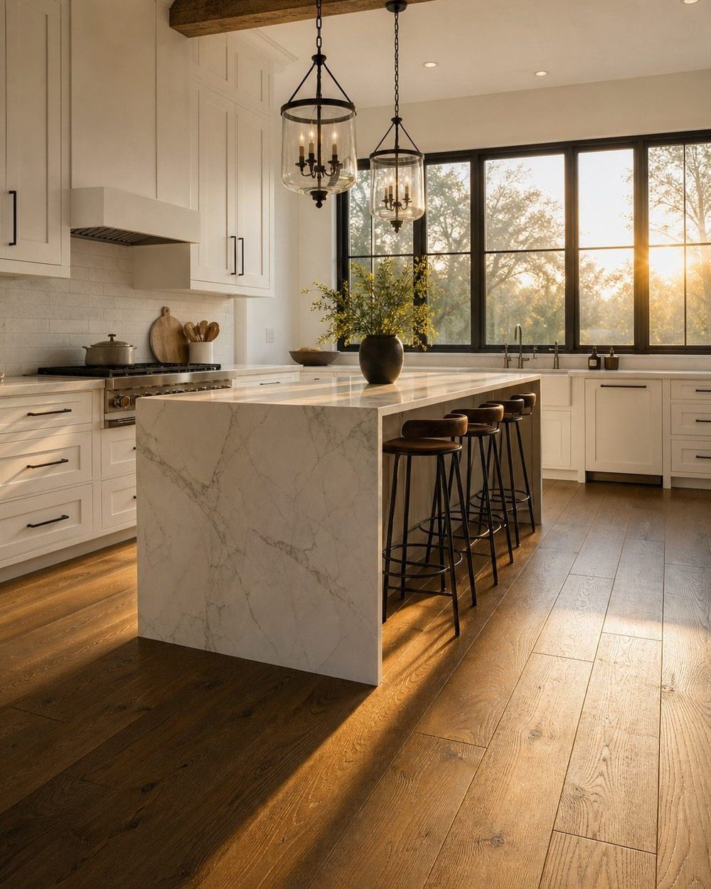 A modern farmhouse kitchen with a marble island, white cabinets, and large windows during sunset.