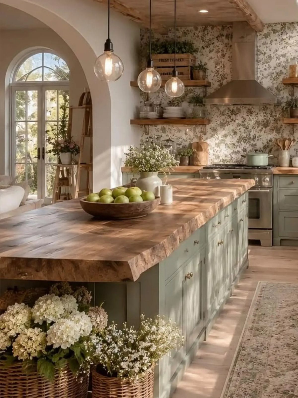 A large live-edge wooden kitchen island sits in a rustic farmhouse kitchen setting.
