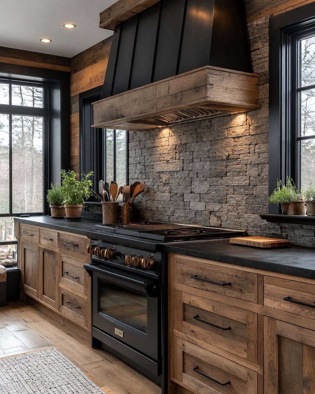 A black metal range hood with reclaimed wood trim mounted over a stone backsplash.
