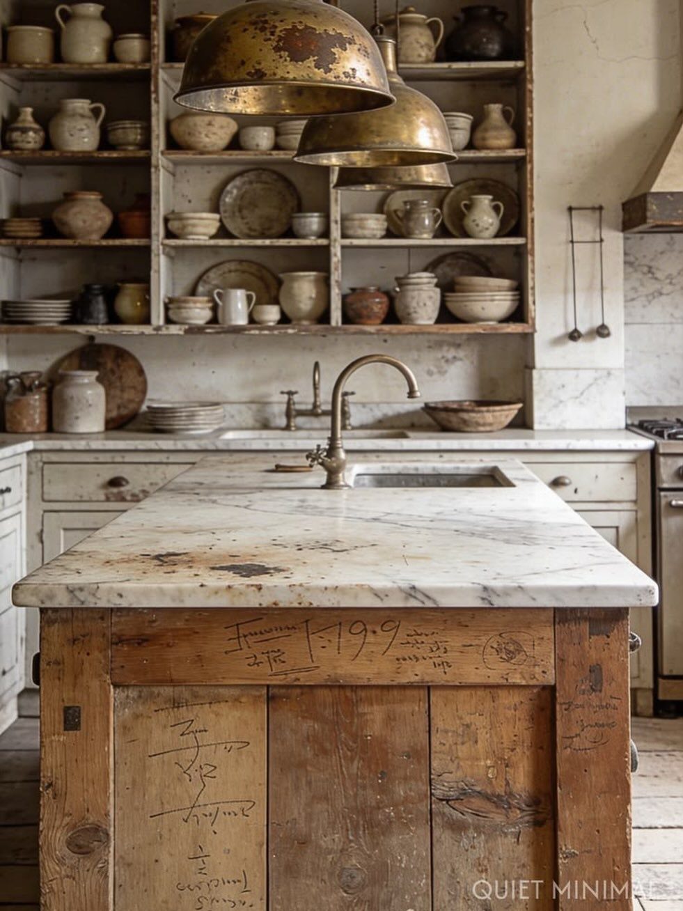 A rustic kitchen island with a marble top and wooden base sits before open shelves filled with ceramics.