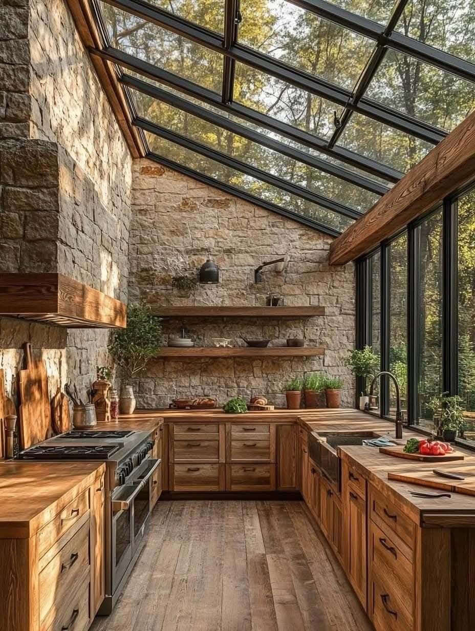 A rustic kitchen with stone walls, wooden cabinets, and a large glass skylight roof.