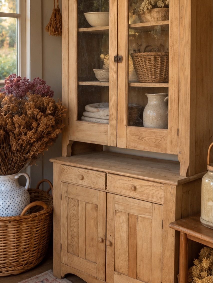 A light wood kitchen hutch filled with ceramic bowls and baskets next to dried flowers.