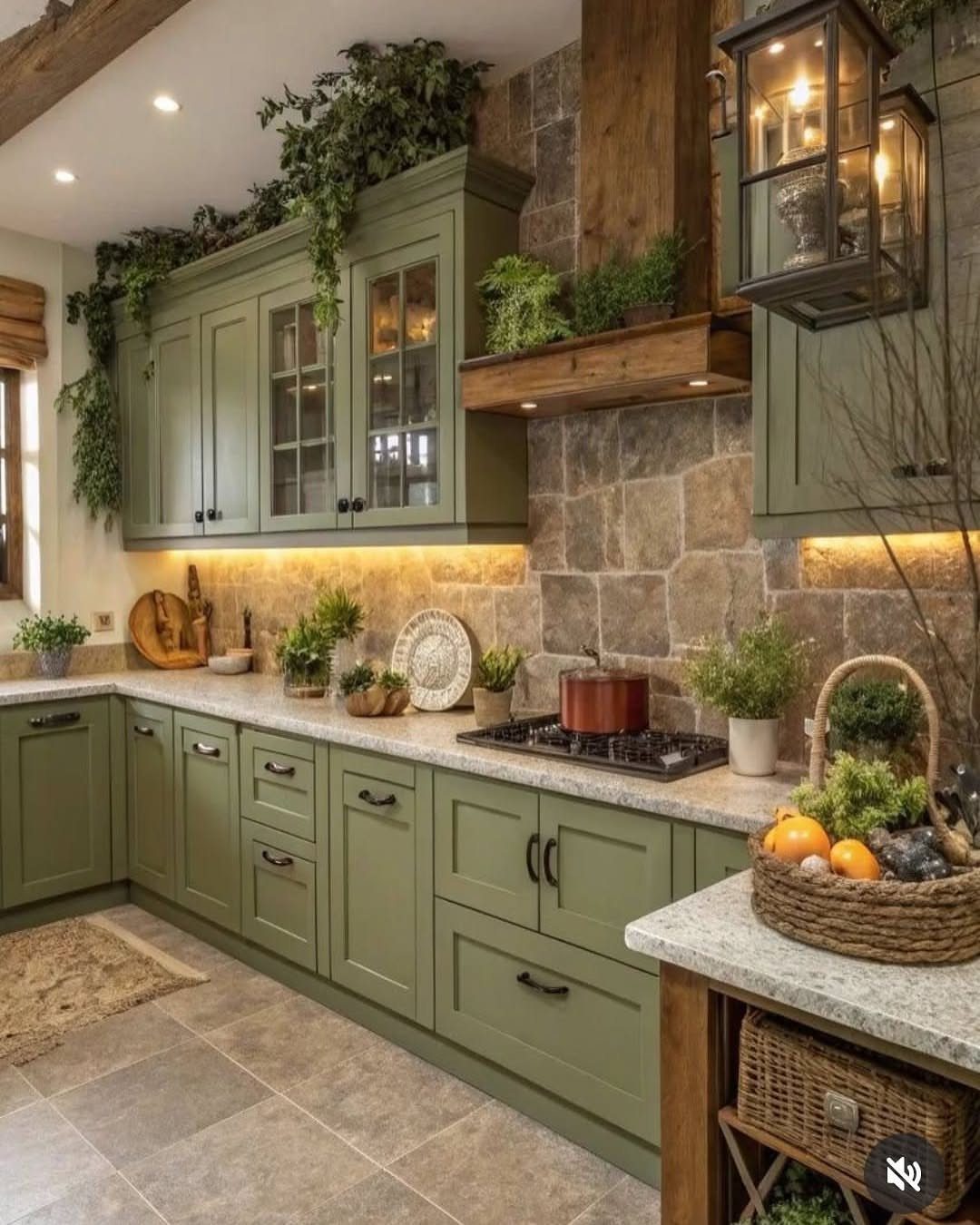 Sage green Shaker cabinets installed in a rustic kitchen with stone walls and plants.