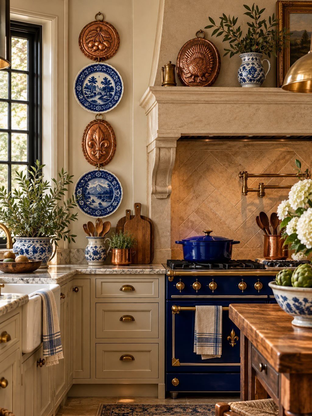 A rustic farmhouse kitchen with cream cabinets, a blue stove, and copper accents near a window.