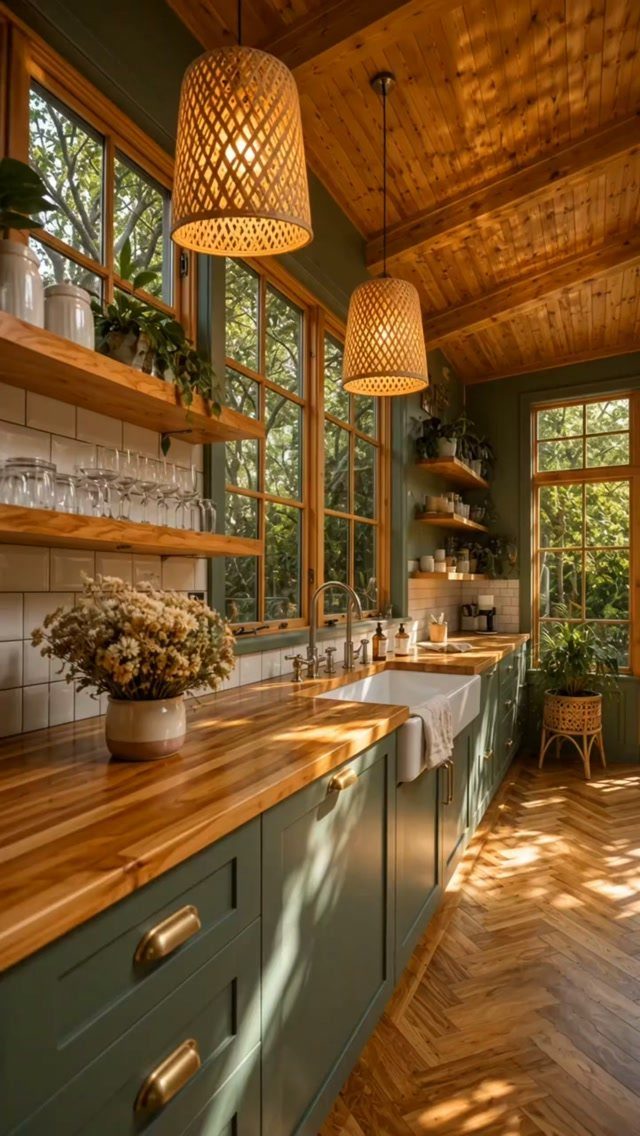 Wooden countertops and sage green cabinets in a sunlit farmhouse kitchen with woven pendant lights.