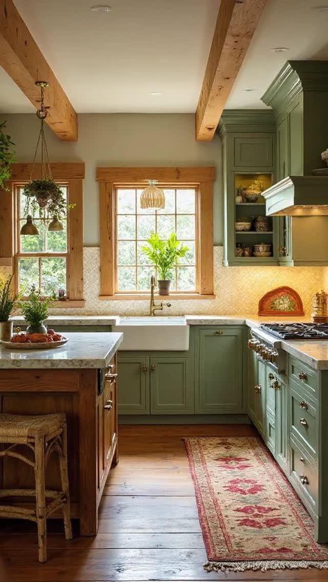 Sage green kitchen cabinets with a white farmhouse sink and wooden ceiling beams.