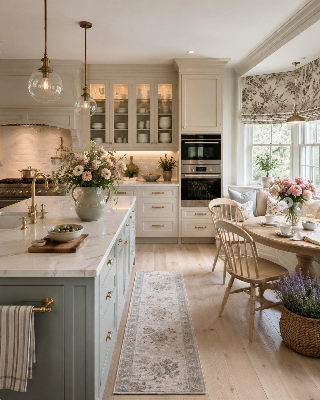 Sage green kitchen island with marble countertop and cream cabinetry in a bright country style kitchen.