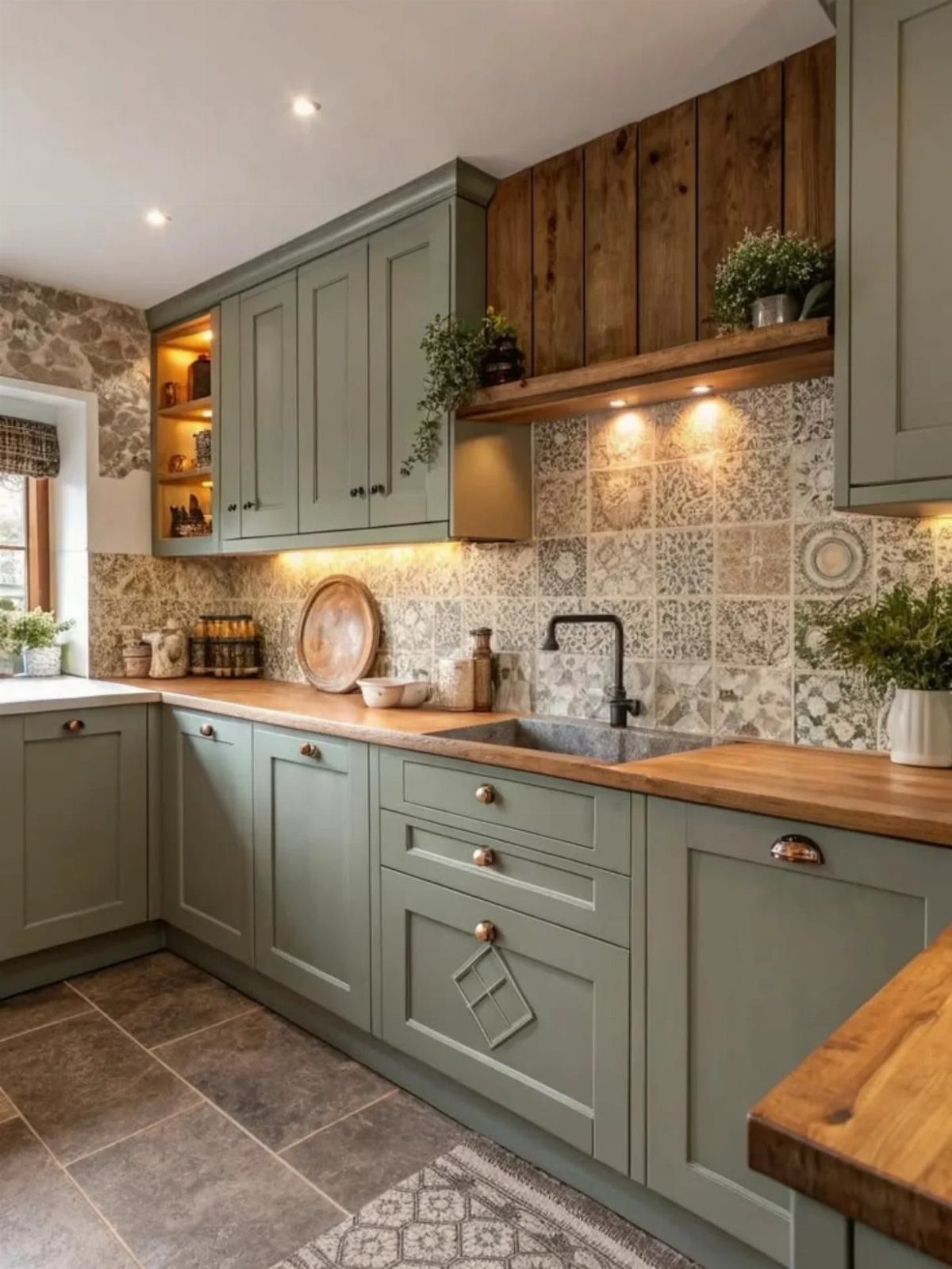 Sage green kitchen cabinets with butcher block countertops and patterned tile backsplash.