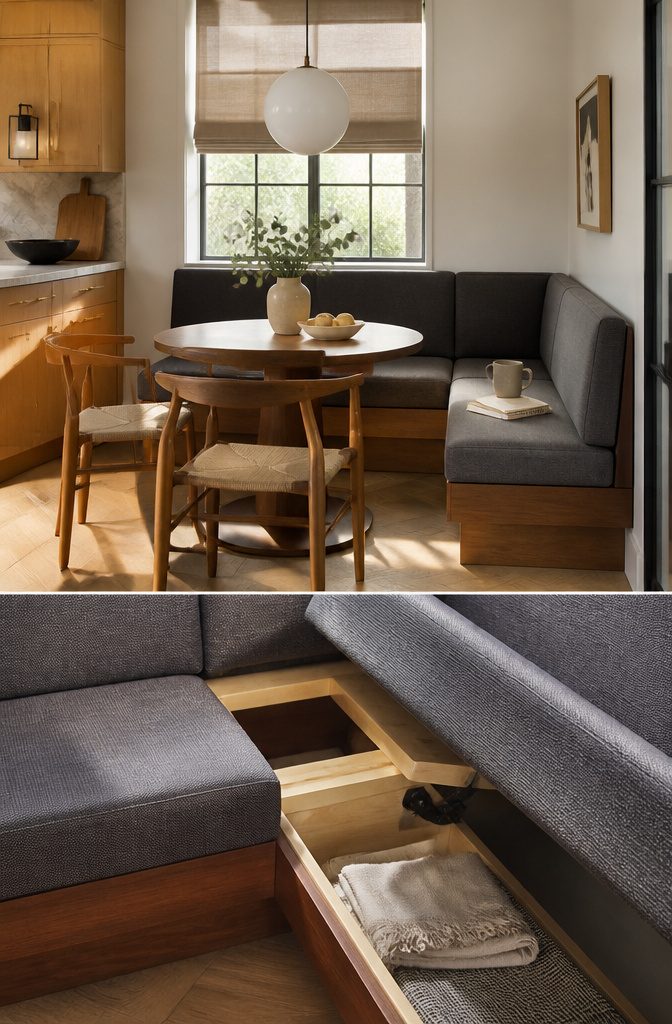 A close-up of a dining nook bench with performance fabric for daily use.