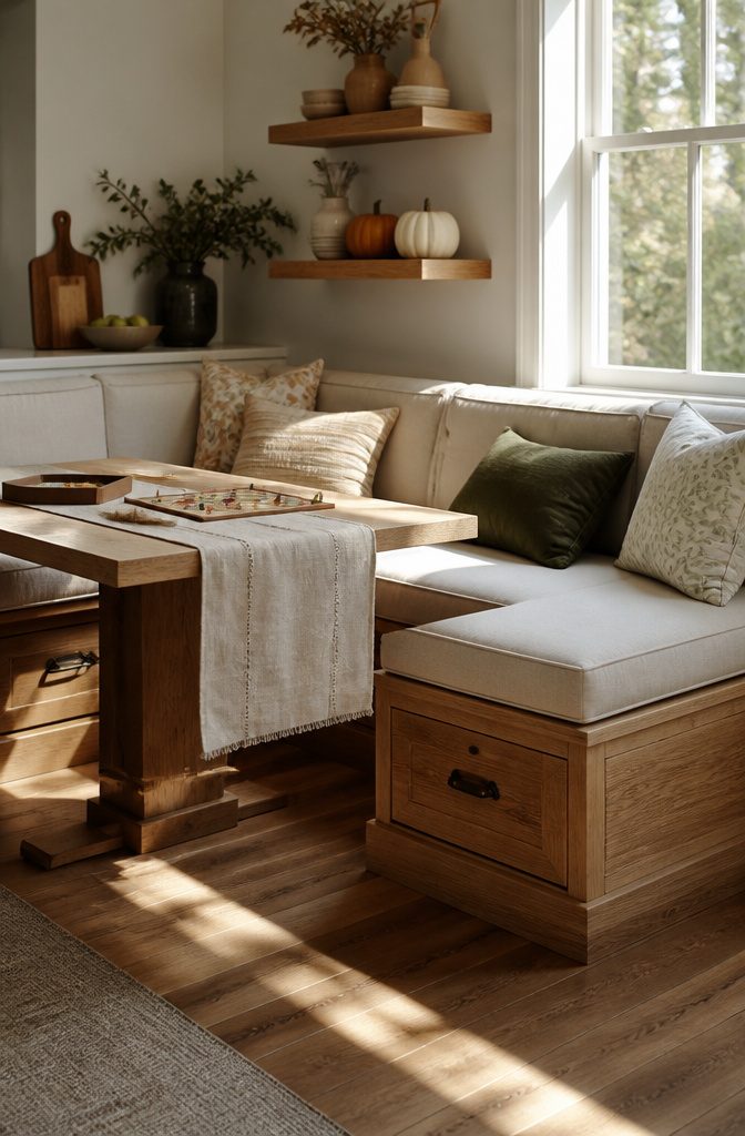 A corner banquette with built-in drawers in a cozy kitchen nook.