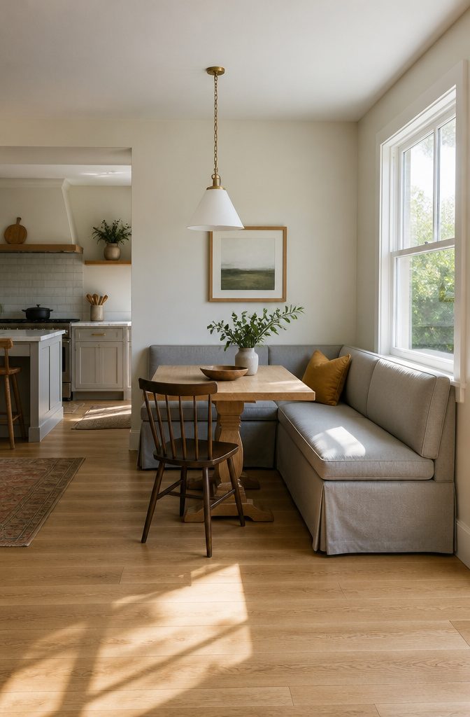 A dining banquette resembling a couch with a washable slipcover.