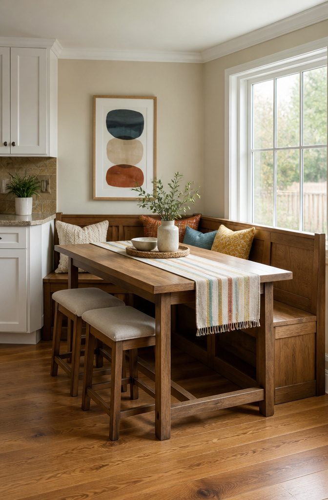 A dining nook set with a corner banquette and two matching stools.