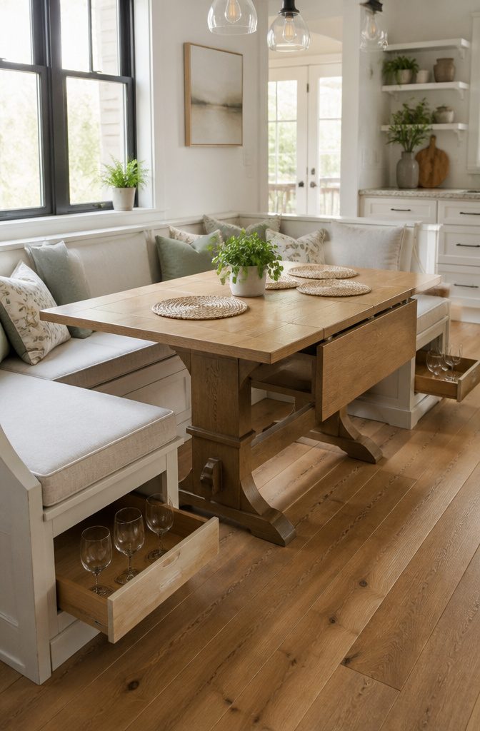 An extendable breakfast nook table set with storage and wine glass holders.