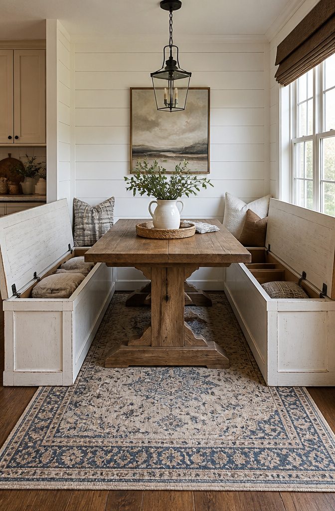 Farmhouse-style dining nook with lift-top storage benches and a wooden table.