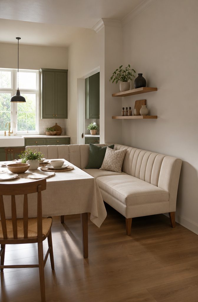 A freestanding corner banquette with open shelves above the seat.