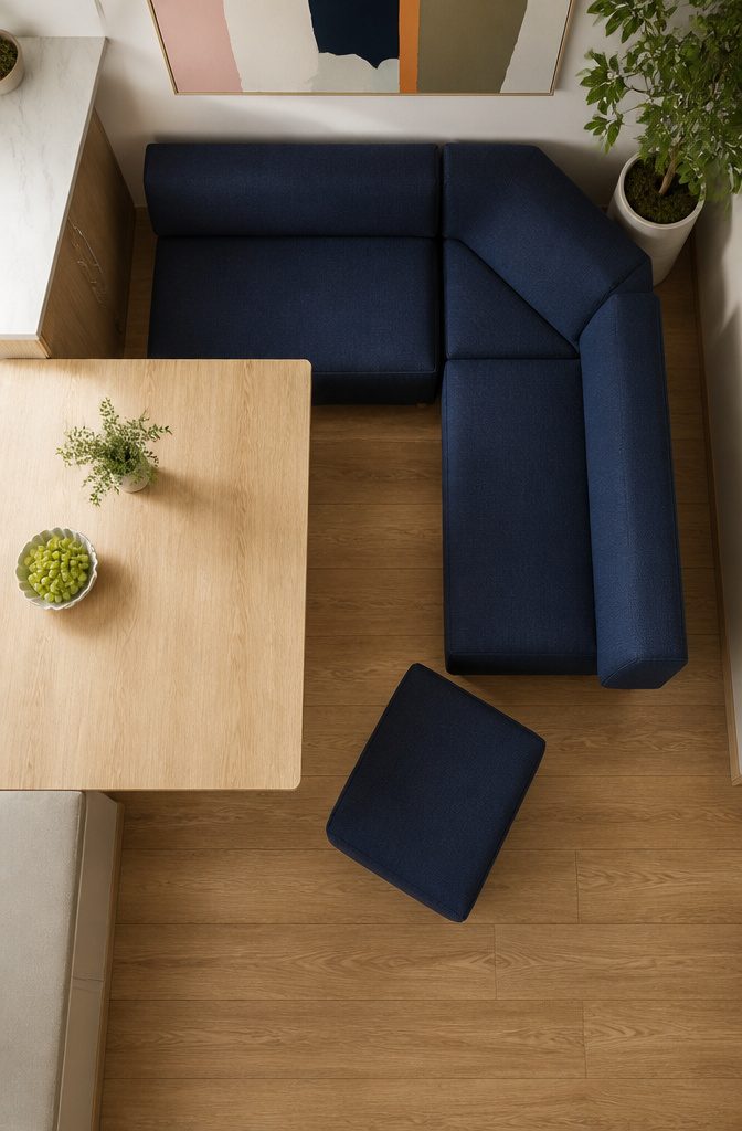 A modular banquette collection in a kitchen nook with various seating pieces.