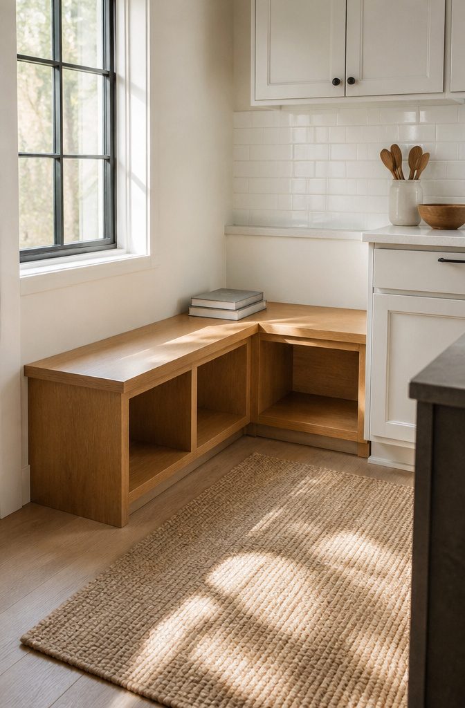 A simple L-shaped storage bench made from light wood in a kitchen.