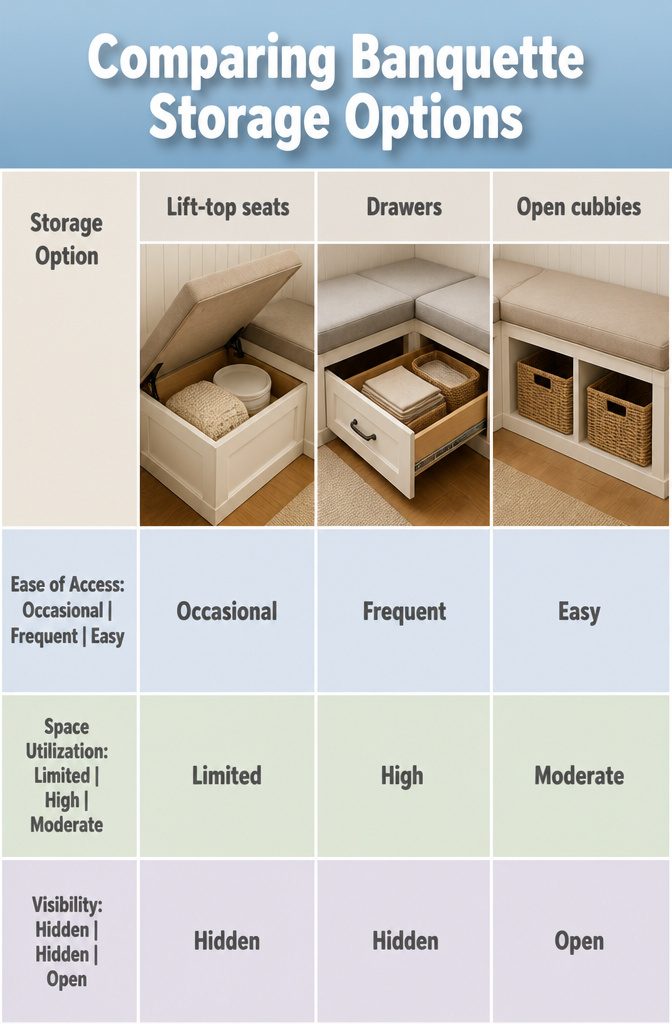 A graphic comparing various under-seat storage options for banquettes.