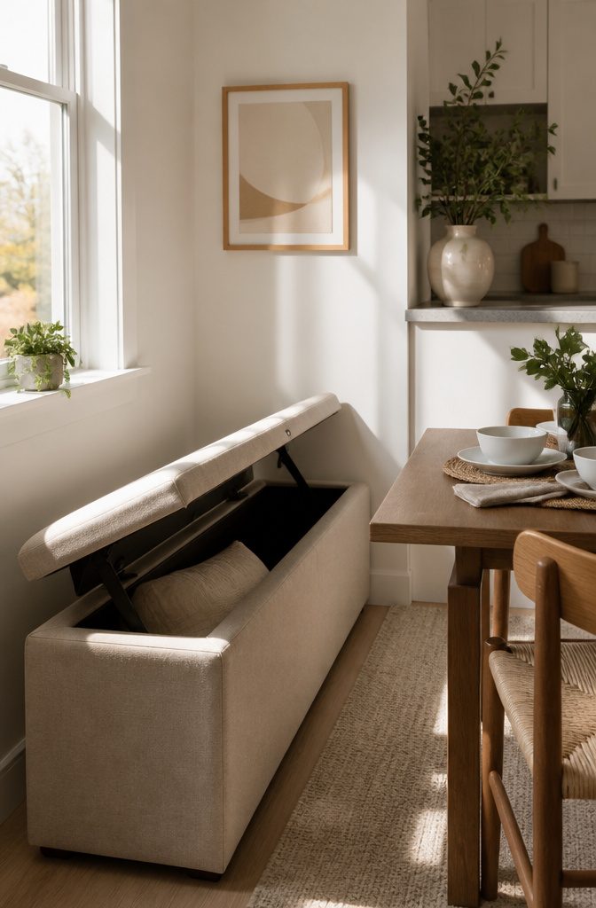 An upholstered dining bench with lift-top storage in a kitchen corner.