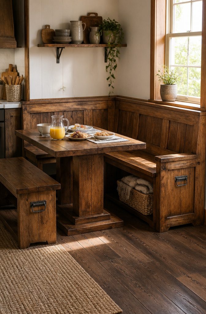 A solid wood corner breakfast nook set with trunk-style handles.