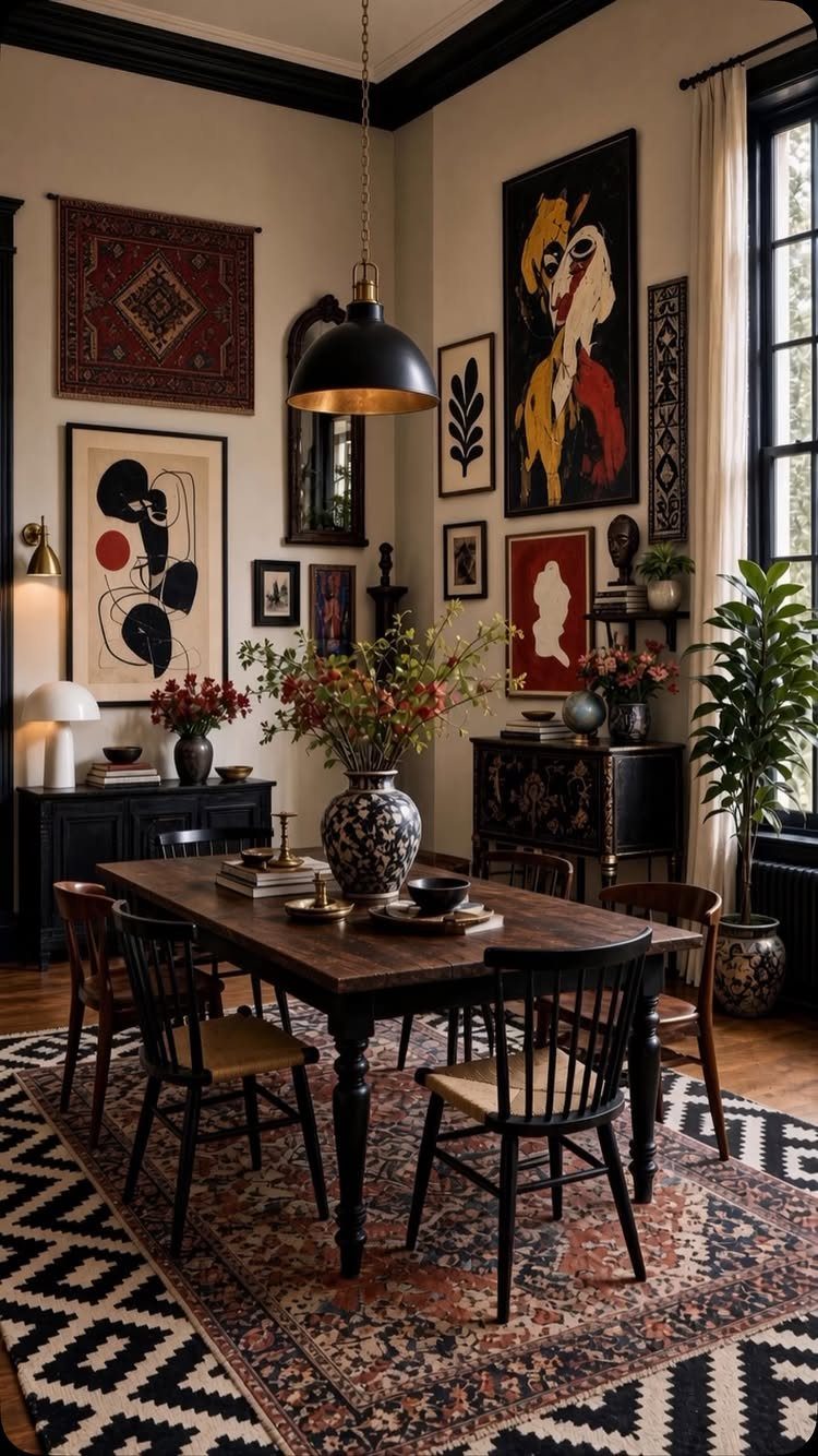Eclectic dining room with diverse framed art pieces, a tapestry, and a dark wooden table set for dining.