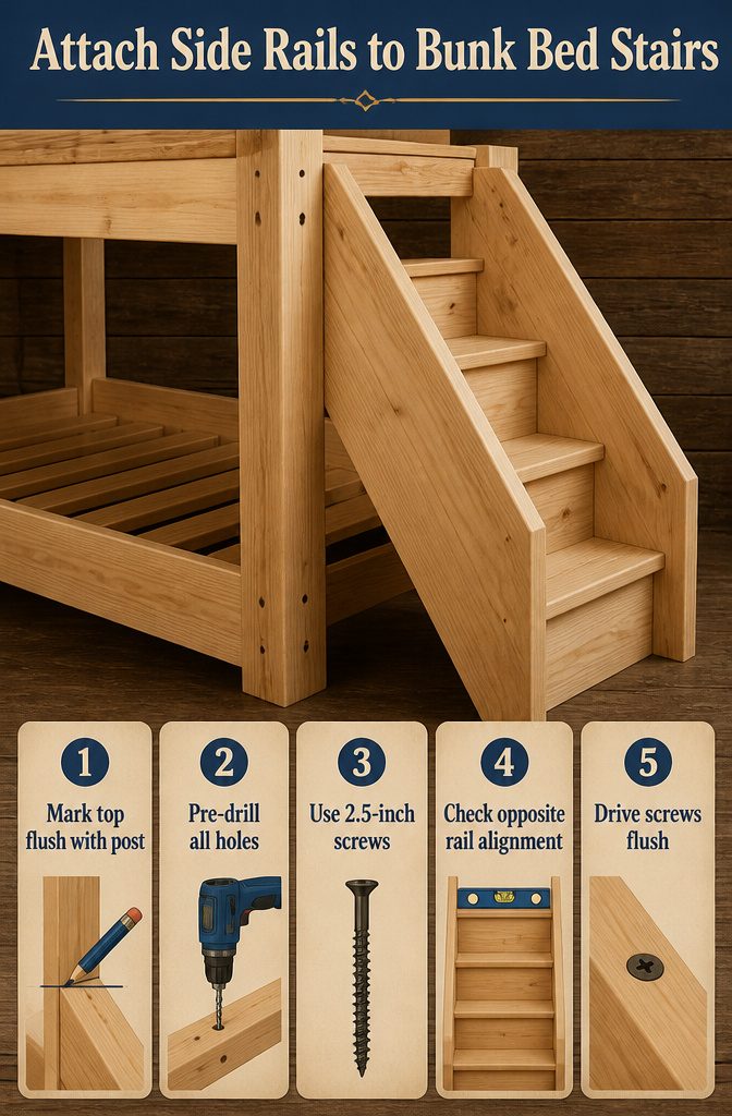 Tools and materials for attaching side rails to bunk bed stairs.
