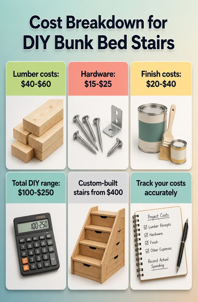 Cost breakdown chart for building DIY bunk bed stairs.