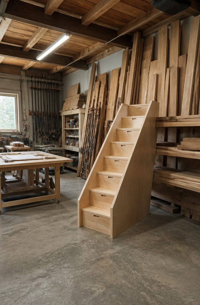 Custom stairs designed to fit a specific bunk bed configuration.