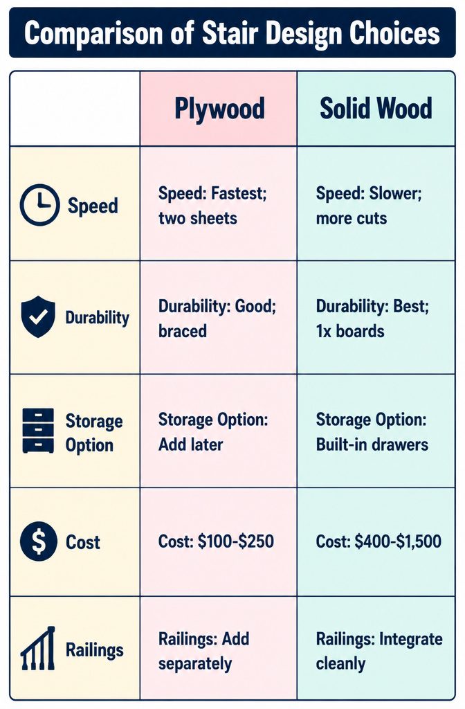 Table comparing different stair design options for bunk beds.