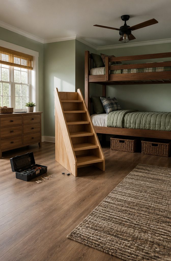 A person testing the stability of the completed bunk bed stairs.