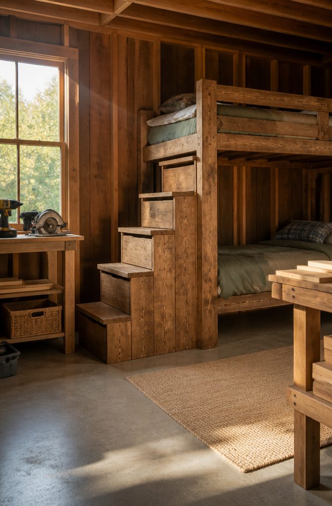 An image depicting DIY bunk bed stairs in a bright room.
