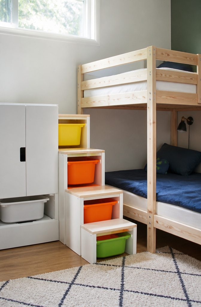 IKEA components used creatively for bunk bed stairs and storage.