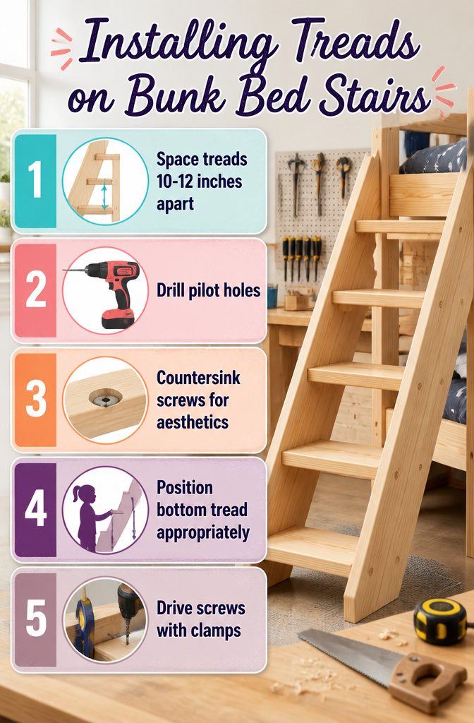 Installation of treads on DIY bunk bed stairs in progress.