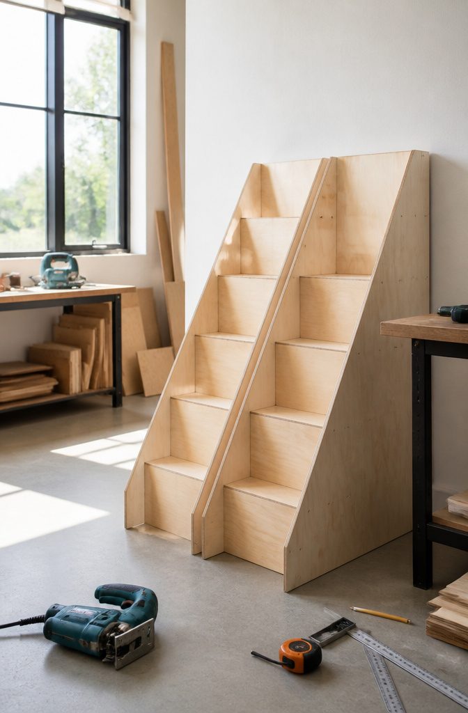 Freshly cut plywood stairs leaning against a workshop wall.