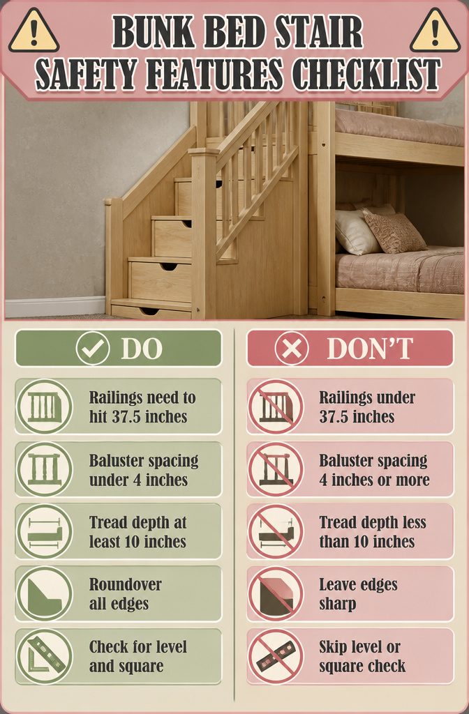 Safety features checklist for DIY bunk bed stairs displayed.